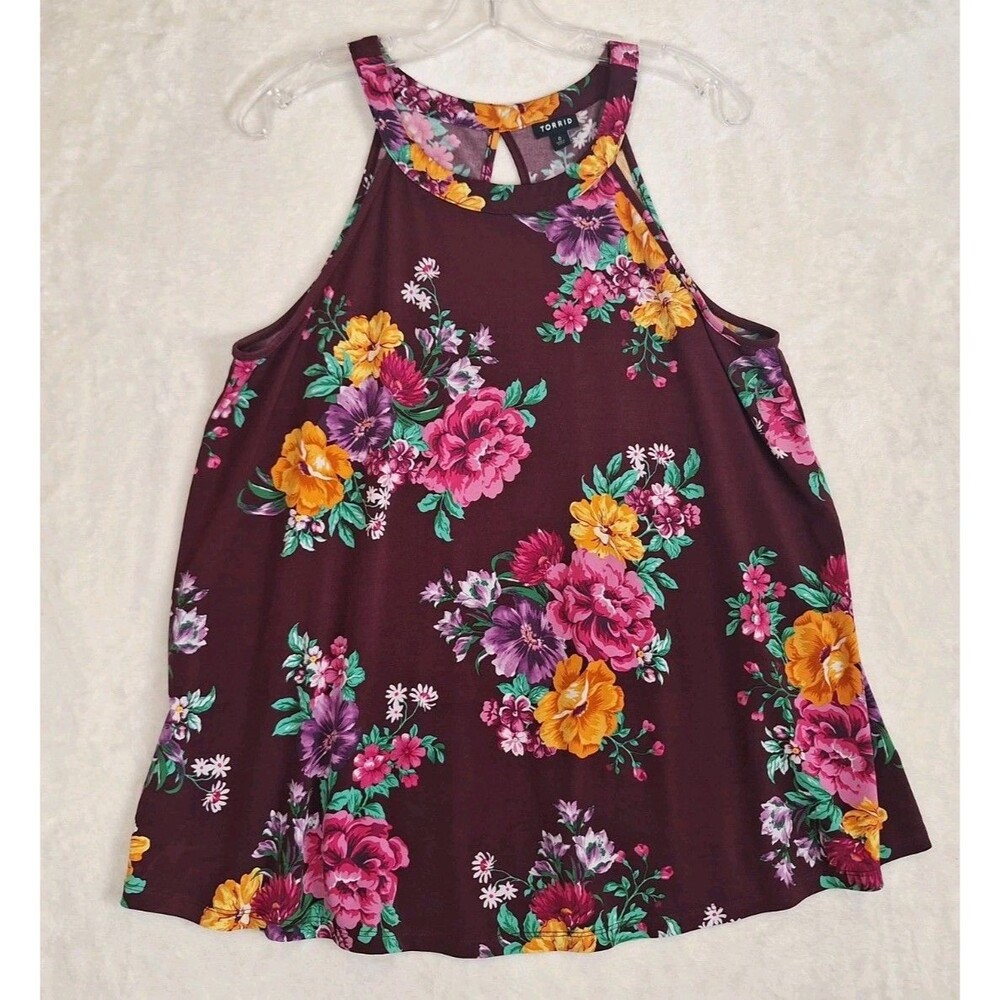 Torrid 0 Women’s Large Top High Neck Keyhole Purple Floral Tank Summer Straight